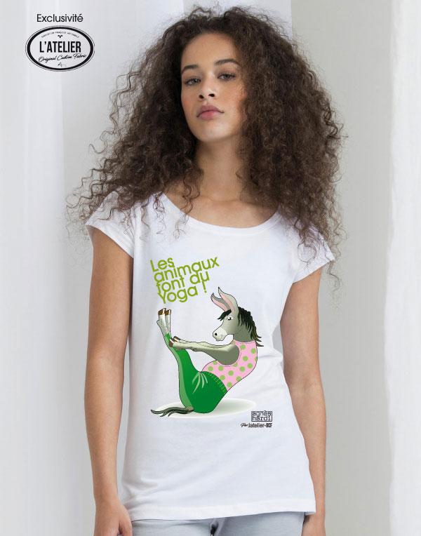 T-Shirt Coton BIO, Well Made, femme, "LES ANIMAUX FONT DU YOGA" - Agnès HARDI, réalisés par L'ATELIER OCF