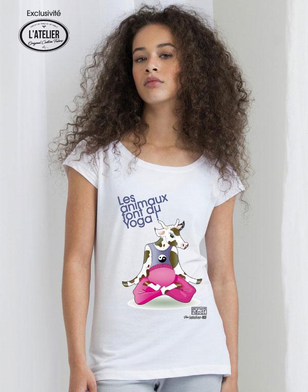 T-Shirt Coton BIO, Well Made, femme, "LES ANIMAUX FONT DU YOGA" - Agnès HARDI, réalisés par L'ATELIER OCF